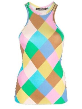 SIEDRÉS Multicolor Rainbow Diamond Argyle Checker Crew Neck Knit Tank Top Medium
